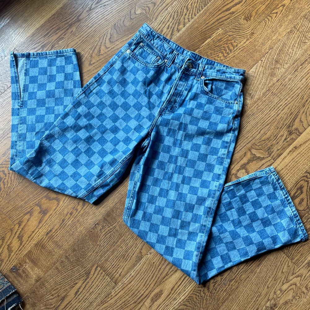 High rise retro checkered straight leg jeans